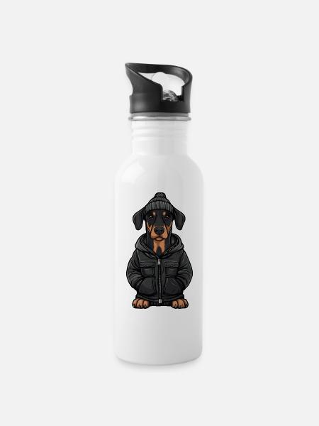 Doberman chien dessin animé - Gourde avec paille intégrée - blanc