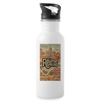 Reims Stadtbild Retro Illustration - Trinkflasche mit integriertem Trinkhalm - Weiß - Rechts