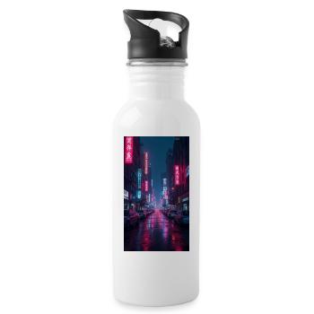 Neon Nachtstraße Pinke Skyline - Trinkflasche mit integriertem Trinkhalm - Weiß - Rechts