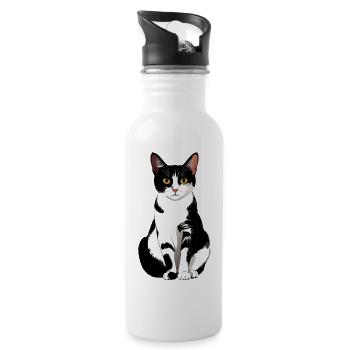 schöne Schwarz Weiß Katze sitzt frontal Grafik - Trinkflasche mit integriertem Trinkhalm - Weiß - Rechts