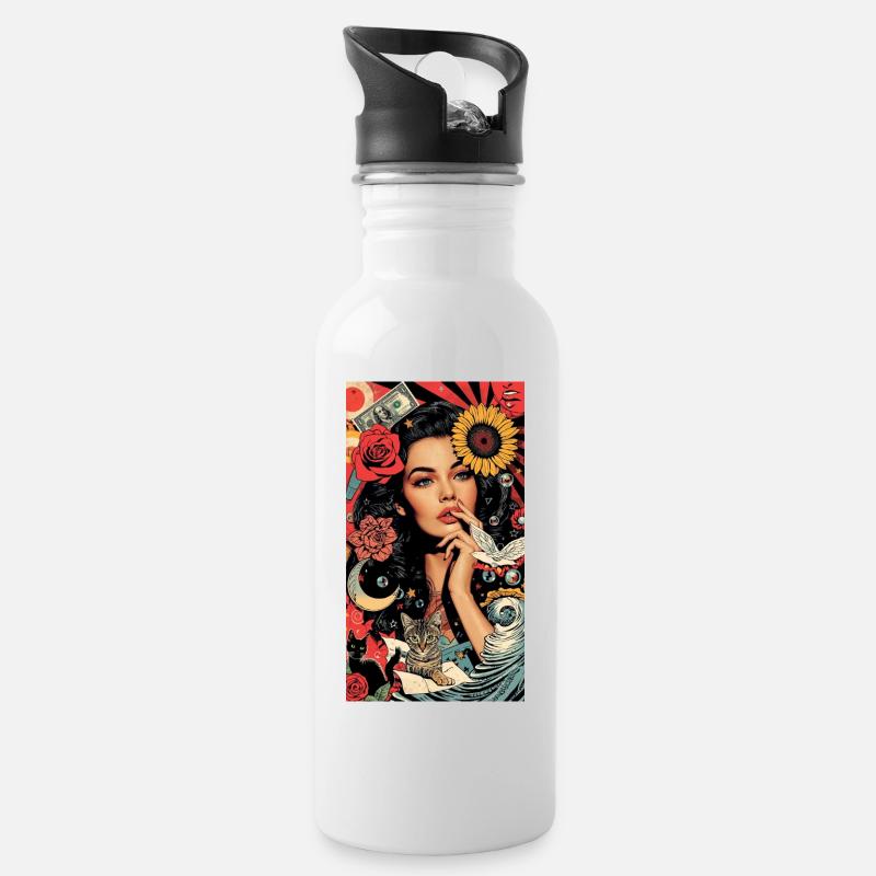 Buntes Pop-Art-Blumenmuster - Trinkflasche mit integriertem Trinkhalm - Weiß