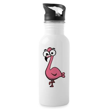 Cheerful Pink Flamingo Cartoon - Water bottle with straw - white - Right