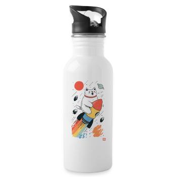 Katze auf Rakete im bunten Weltraum - Trinkflasche mit integriertem Trinkhalm - Weiß - Rechts