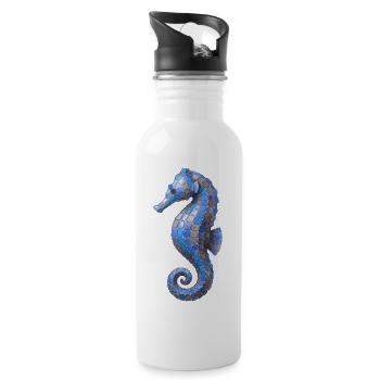 Seepferdchen Mosaik - Blaues Meeres-Design - Trinkflasche mit integriertem Trinkhalm - Weiß - Rechts