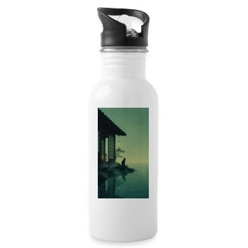 Schwarze Katze am Teehaus – Asian Zen Design - Trinkflasche mit integriertem Trinkhalm - Weiß - Rechts