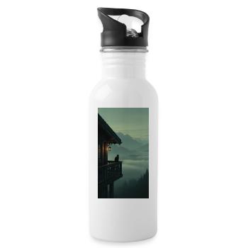 Schwarze Katze am Bergbalkon – Asian Zen Design - Trinkflasche mit integriertem Trinkhalm - Weiß - Rechts