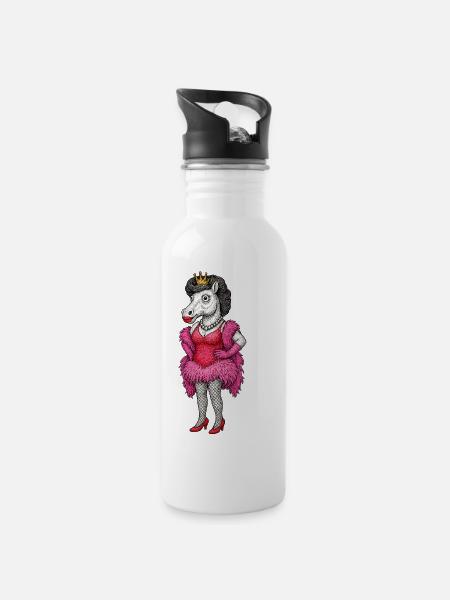 Königliche Stute-Diva in rosa Federn - Trinkflasche mit integriertem Trinkhalm - Weiß