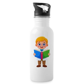 Junge mit Brille liest ein Buch – Bücherwurm - Trinkflasche mit integriertem Trinkhalm - Weiß - Rechts