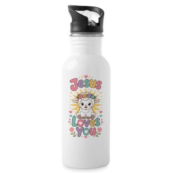 Jesus liebt dich Lamm mit Blumenkranz - Trinkflasche mit integriertem Trinkhalm - Weiß - Rechts