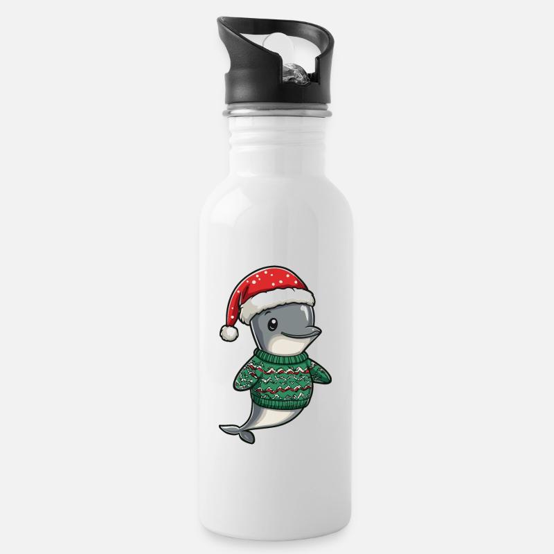 Delfin Weihnachten - Trinkflasche mit integriertem Trinkhalm - Weiß