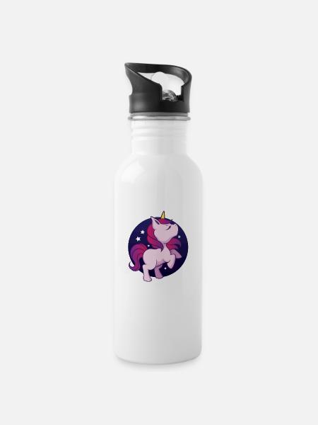 Träumendes Einhorn mit Sternenhimmel - Trinkflasche mit integriertem Trinkhalm - Weiß