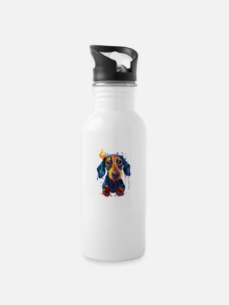 Dackel Geschenk für Dackel Mama - Trinkflasche mit integriertem Trinkhalm - Weiß