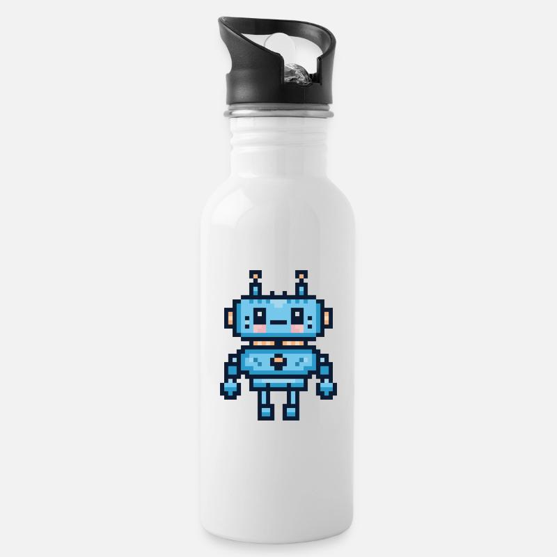 Pixel-Art-Roboter - Trinkflasche mit integriertem Trinkhalm - Weiß