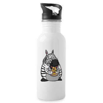 Fat Zebra Eating Pizza Funny Comic Style - Water bottle with straw - white - Right