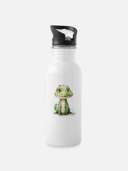 Krokodil, handgemalt - Wasserfarben - Trinkflasche mit integriertem Trinkhalm - Weiß