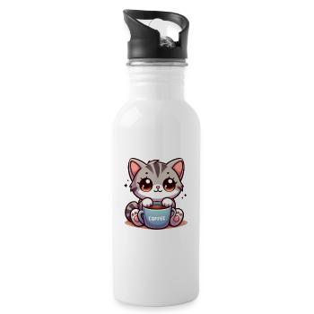 Katze mit Kaffeebecher 4 - Trinkflasche mit integriertem Trinkhalm - Weiß - Rechts