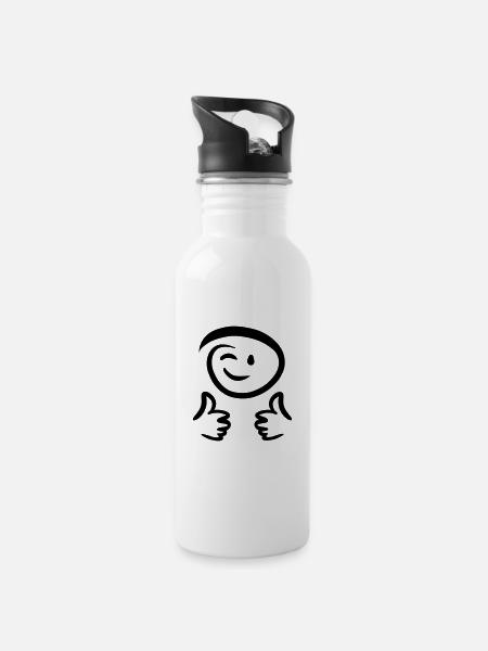 Le visage fait un clin d’œil, montre deux pouces en l’air. Émoticône. - Gourde avec paille intégrée - blanc