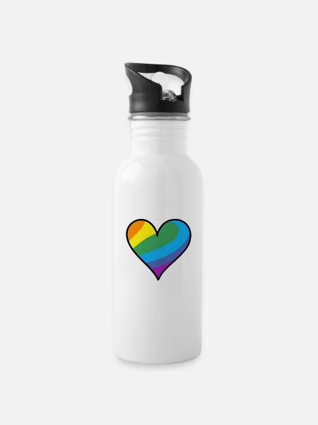 Regenbogenherz Pride Print - Trinkflasche mit integriertem Trinkhalm - Weiß