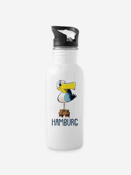 lustige Möwe Hamburg - Trinkflasche mit integriertem Trinkhalm - Weiß