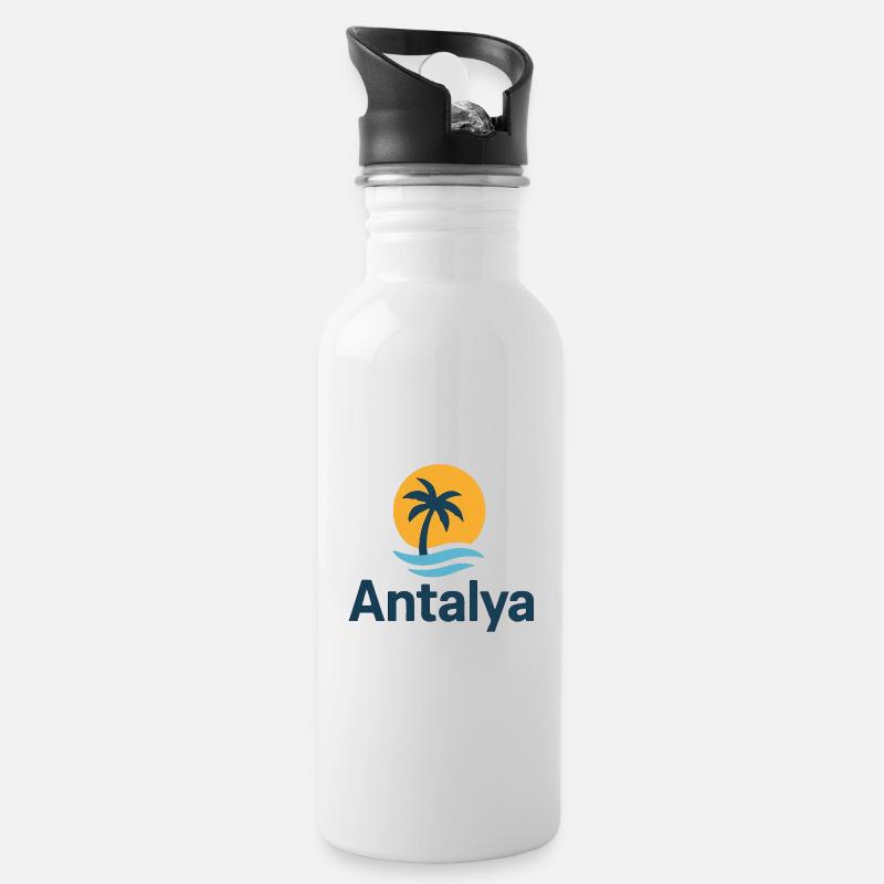 Antalya Palmenstrand Sonnenlogo - Trinkflasche mit integriertem Trinkhalm - Weiß