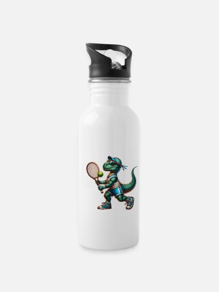Dinosaur Dino Boy Tennis Player Sport - Trinkflasche mit integriertem Trinkhalm - Weiß
