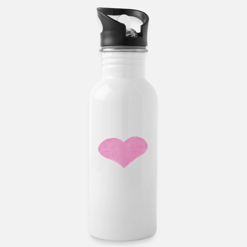 Pinkes Watercolor Herz - Trinkflasche mit integriertem Trinkhalm - Weiß