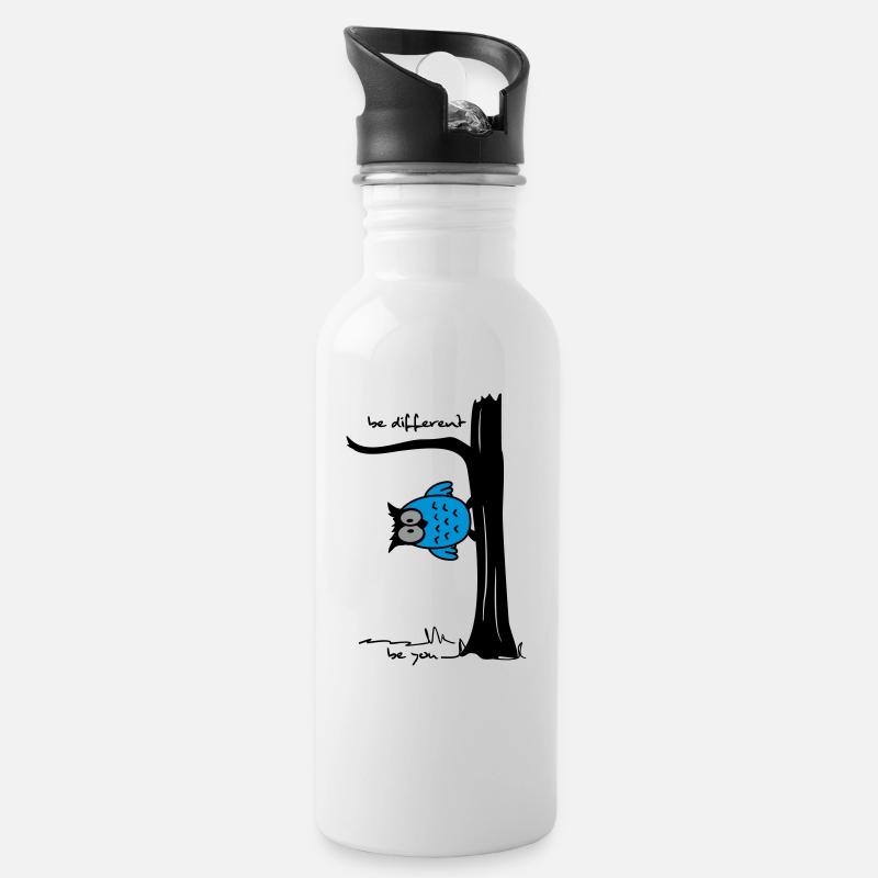 Eule auf Baum "be different, be you" - Trinkflasche mit integriertem Trinkhalm - Weiß