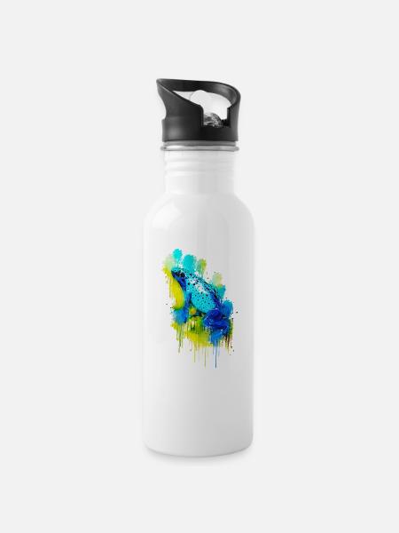 Blauer Frosch - Trinkflasche mit integriertem Trinkhalm - Weiß