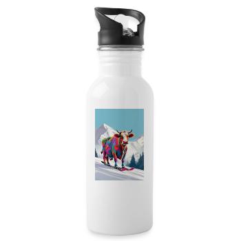 Kuh auf Ski - Trinkflasche mit integriertem Trinkhalm - Weiß - Rechts