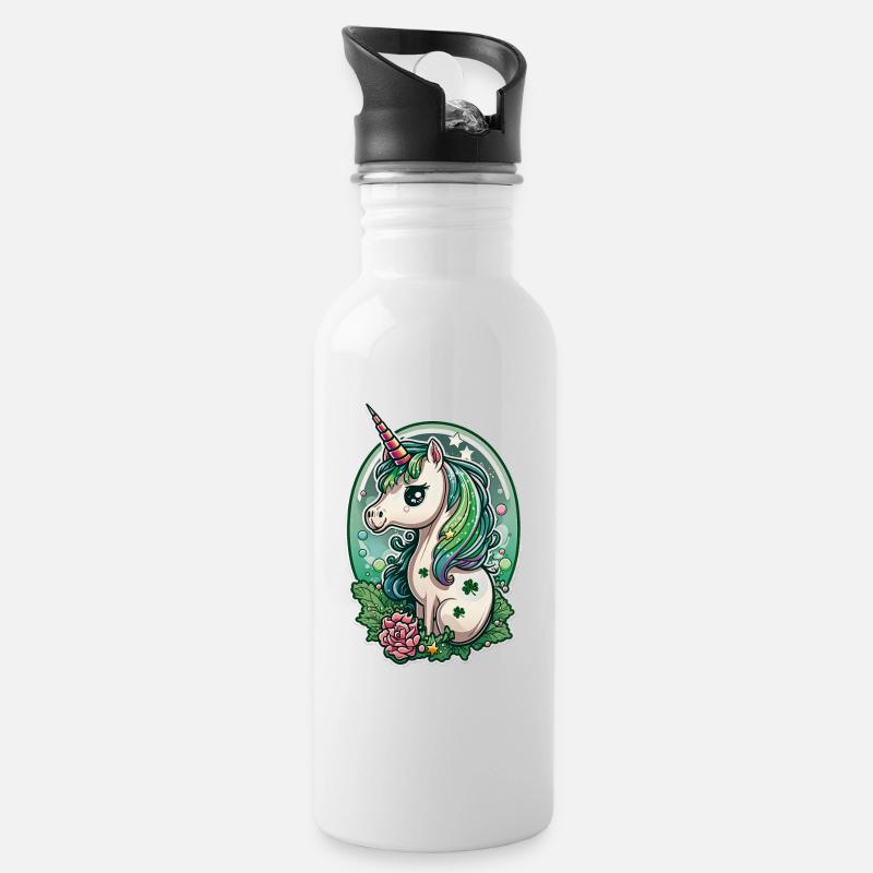 Licorne multicolore fleurs trèfle chance fête - Gourde avec paille intégrée - blanc
