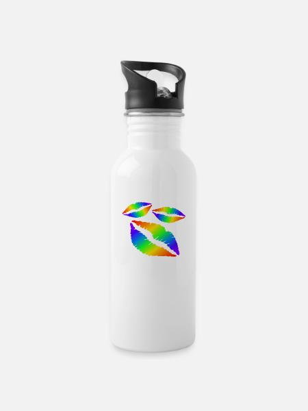 Lippen Küsse - Trinkflasche mit integriertem Trinkhalm - Weiß
