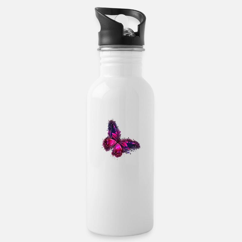 Schmetterling Rosa hell glühend - Trinkflasche mit integriertem Trinkhalm - Weiß