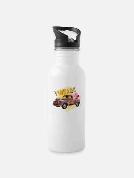 Weinlese-LKW - Trinkflasche mit integriertem Trinkhalm - Weiß