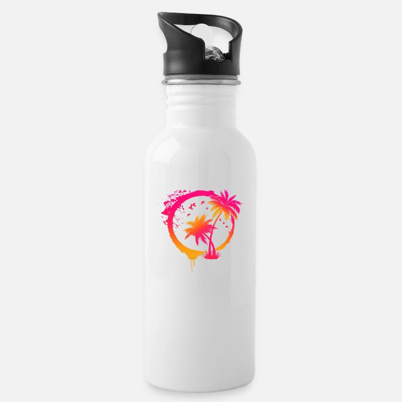 Colorful beach summer palm trees in a circle - Water bottle with straw - white