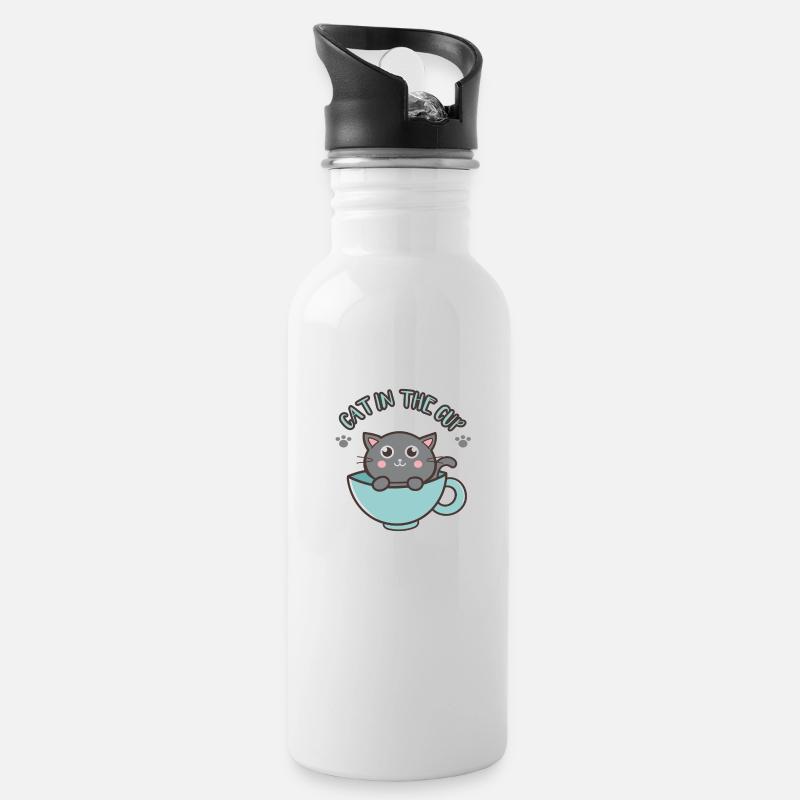 Cute cartoon grey cat in the cup - Water bottle with straw - white