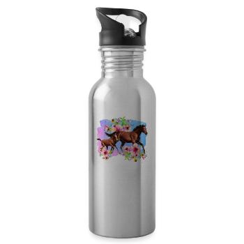 Cheval floral et bébé cheval - Gourde avec paille intégrée - argent clair - Droite