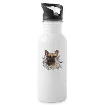Französische Bulldogge im *Glas-Loch* - Trinkflasche mit integriertem Trinkhalm - Weiß - Rechts