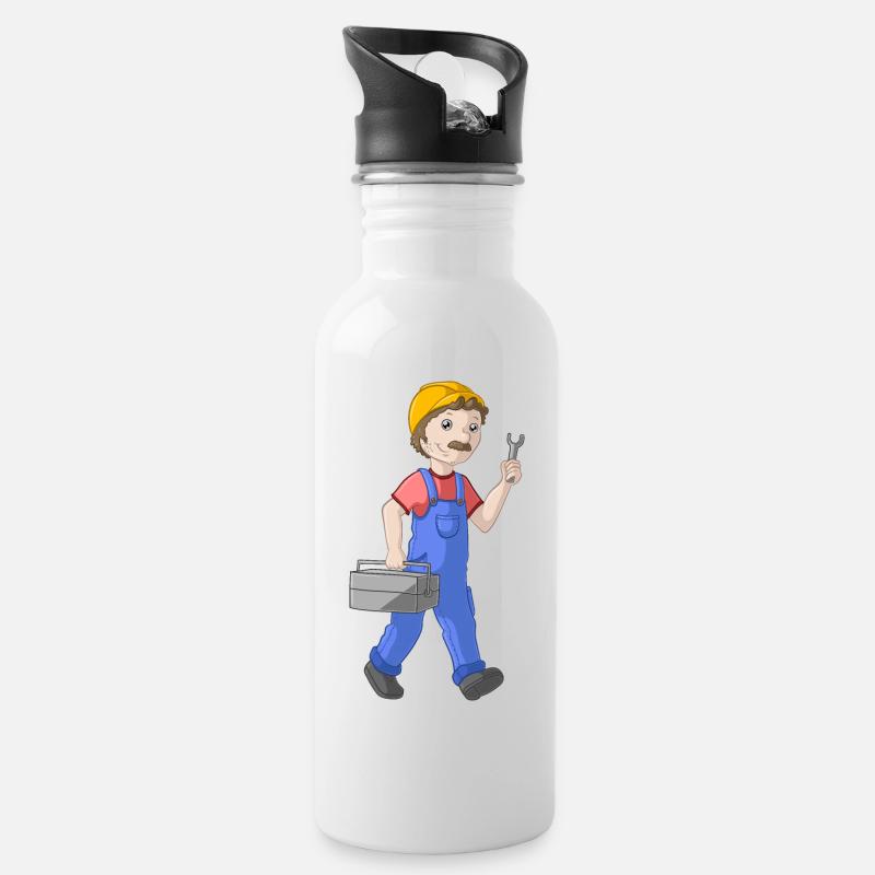 Comic Handwerker - Trinkflasche mit integriertem Trinkhalm - Weiß