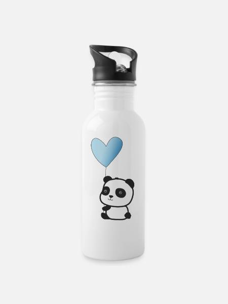 Panda hellblau - Trinkflasche mit integriertem Trinkhalm - Weiß