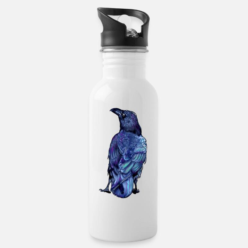 Bunter Rabe mit irisierenden Federn schillernd - Trinkflasche mit integriertem Trinkhalm - Weiß