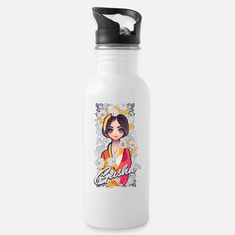 Geisha mit Blumen - Trinkflasche mit integriertem Trinkhalm - Weiß
