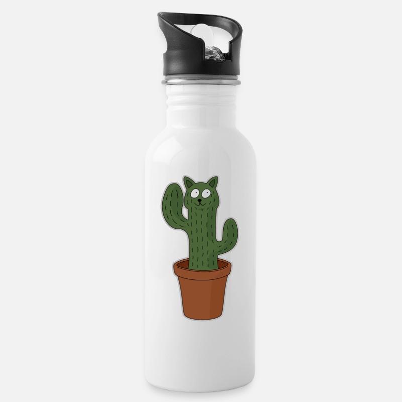 Katze als Kaktus im Blumentopf - Trinkflasche mit integriertem Trinkhalm - Weiß