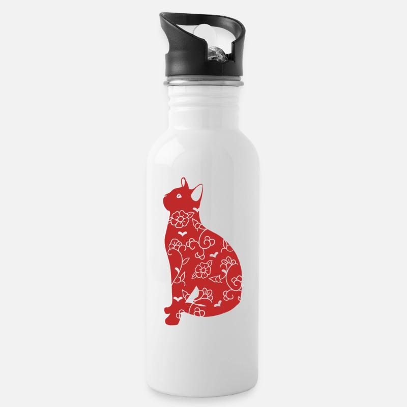 Rote Katze Chinoiserien - Trinkflasche mit integriertem Trinkhalm - Weiß