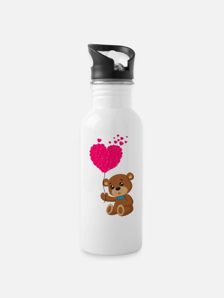 Teddybär mit Herz - Trinkflasche mit integriertem Trinkhalm - Weiß