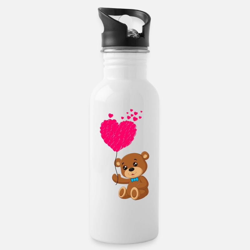 Teddy bear with a heart - Water bottle with straw - white
