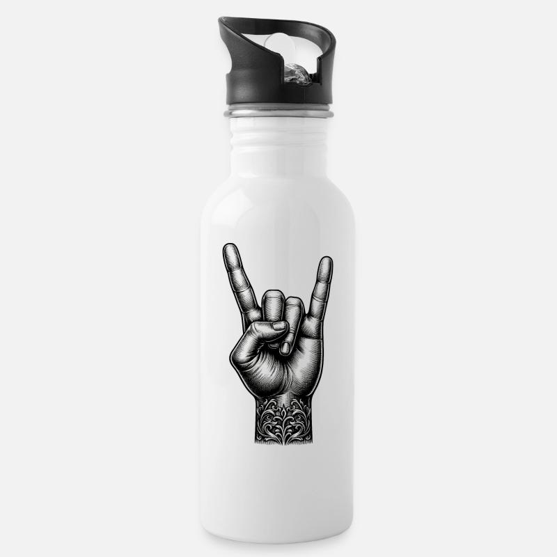 Rock on Hand mit Devils Horns - Trinkflasche mit integriertem Trinkhalm - Weiß