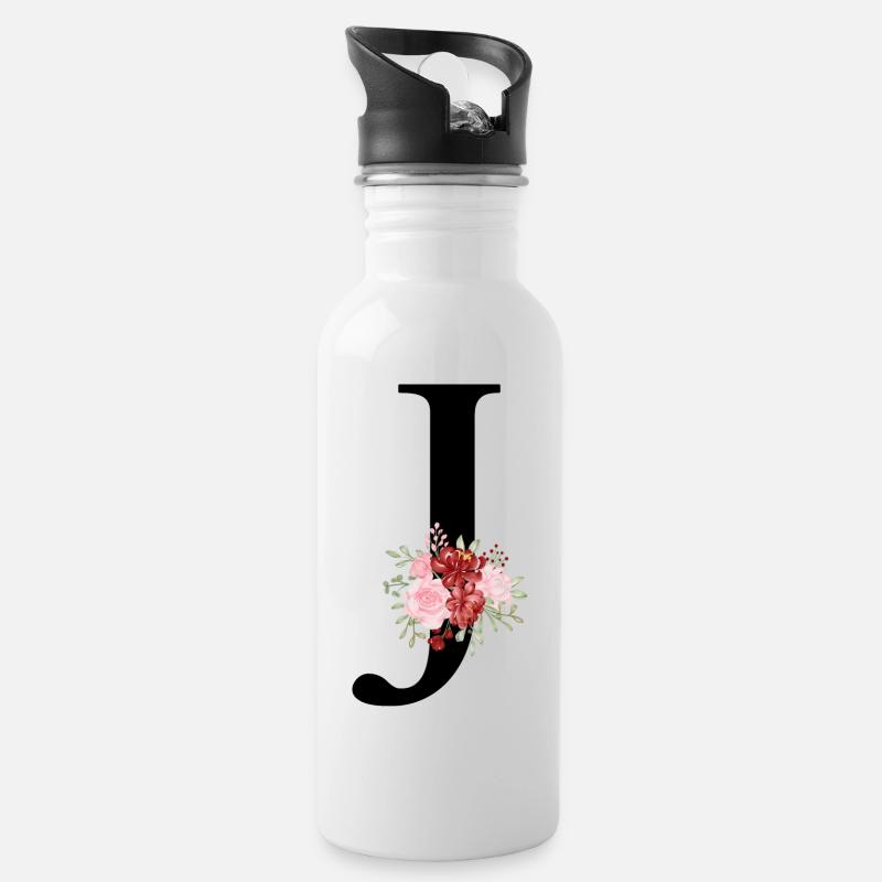 Lettre j floral rouge - Gourde avec paille intégrée - blanc