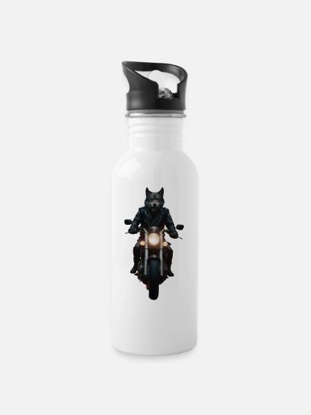 Loup motard sur sa moto - Gourde avec paille intégrée - blanc