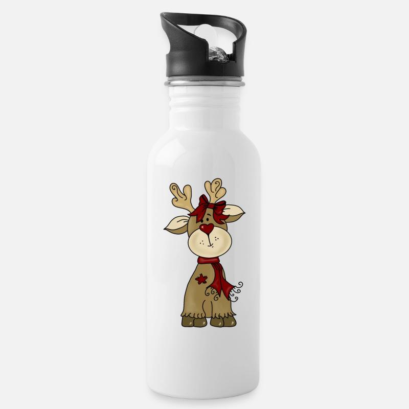 Rentier - Trinkflasche mit integriertem Trinkhalm - Weiß