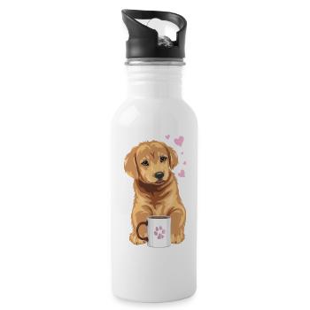 Golden Retriever Welpe Hund mit Kaffeebecher - Trinkflasche mit integriertem Trinkhalm - Weiß - Rechts